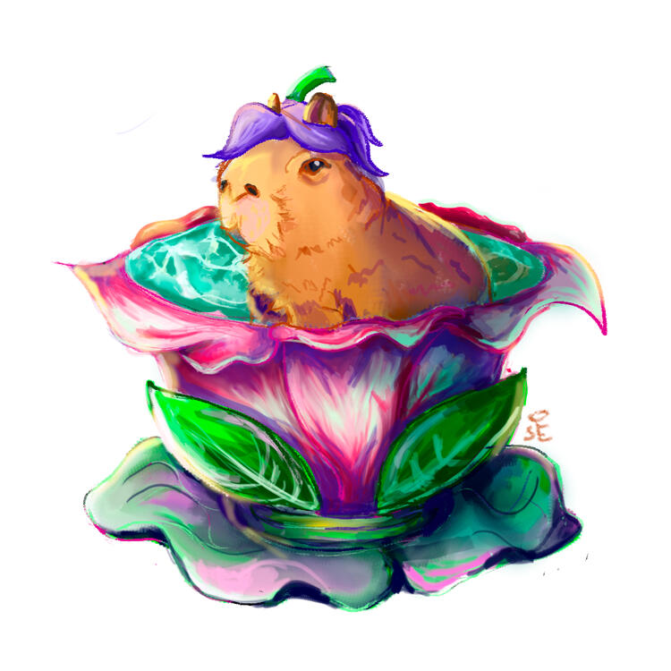 A capybara in a flower-form cup of tea